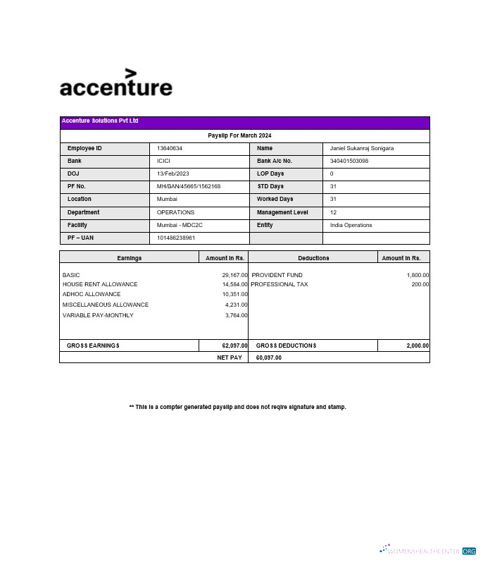 Download Accenture Solutions payslip Photoshop template